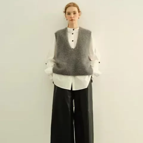 Autumn Winter Knitted Mink Cashmere Fluffy Angora Deep V-Neck Knit Vest Coat Woman Sweater Winter Pullover Free Shipping JZ338