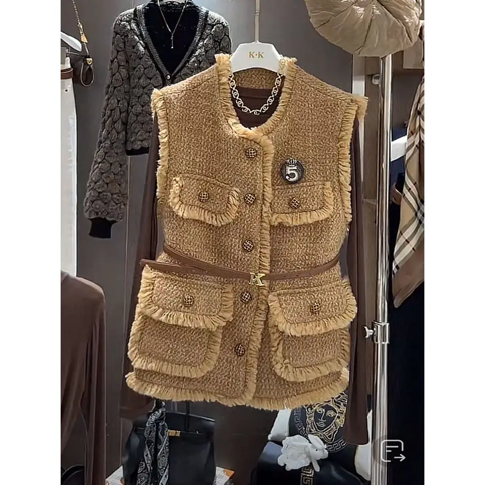 

Vintage Tweed Jacket Women Sleeveless Tweed Vest Buttons Pocket Tops Korean Chic Waistcoat Designer Clothing Vests Tassels New