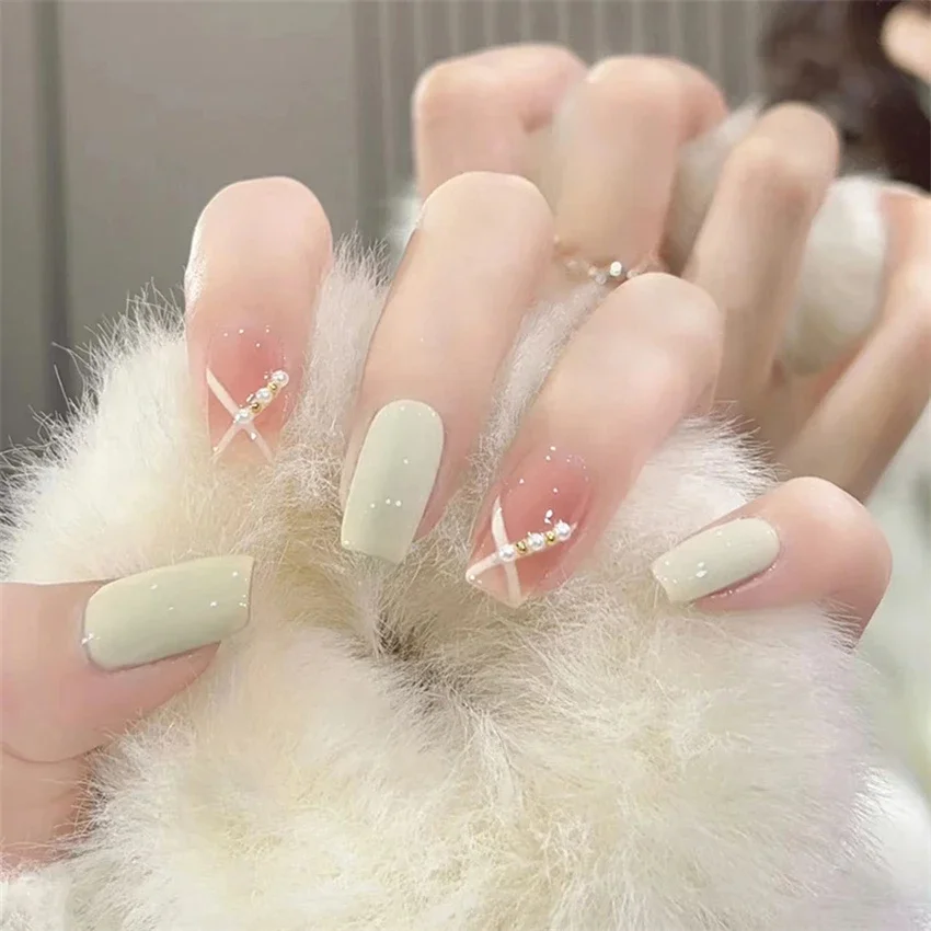 24 unids/set té marrón estampado de vaca moda prensa en uñas 3D corazón diseño de perlas artístico usando uñas postizas puntas de uñas postizas extraíbles