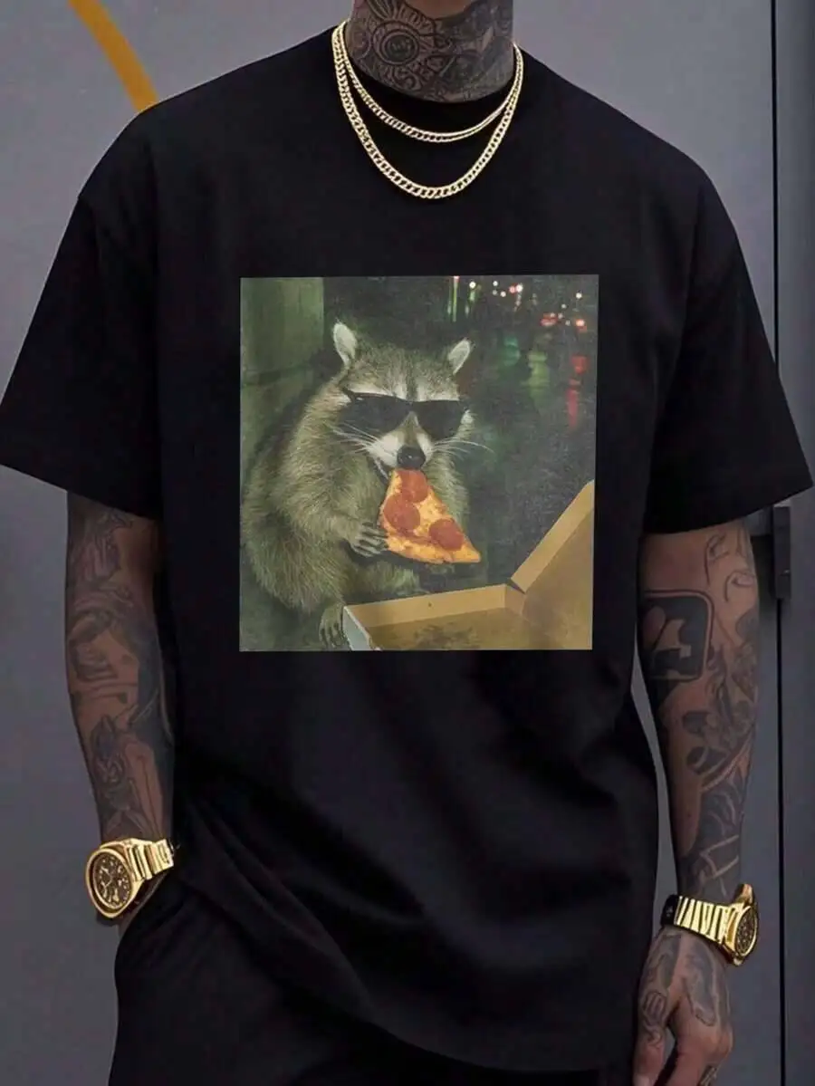 Raccoon Drinking Iced Coffee-Shirt, Men's-Shirt 7NP2 100% Cotton Trendy Y2K Short-Sleeve Tee-Soft, Quick-Drying,