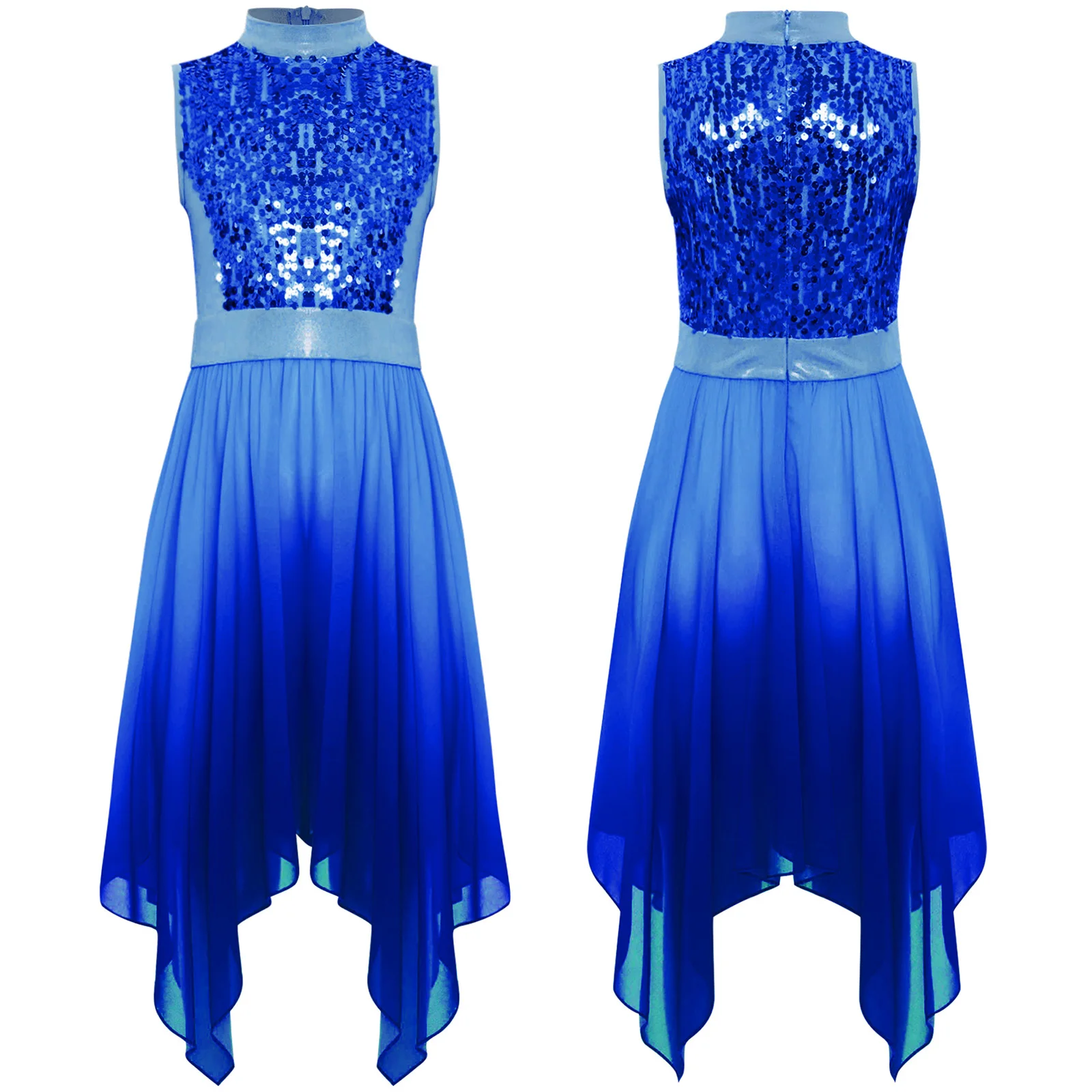 

Girls Liturgical Worship Praise Dance Dresses Lyrical Contemporary Dancewear Sleeveless Sequins Bodice Asymmetrical Tunic Dress