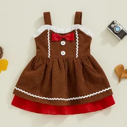 Christmas Toddler Kids Baby Girls Casual Dress Ribbed Sleeveless Gingerbread Man Patchwork Ruffled Bow Button Party Xmas Dress