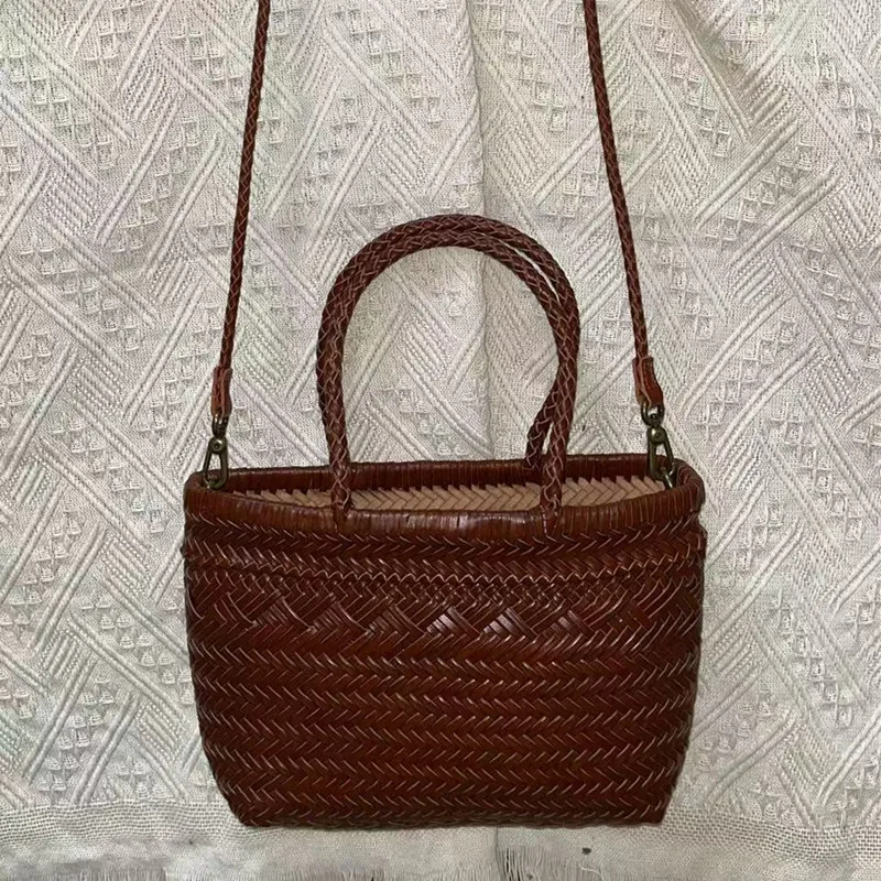 2026 New Cowhide Hand-woven Woven Bag French Retro Vegetable  Bag Crossbody Bag Bucket Bag Beach Bag Daily Use - Handbag