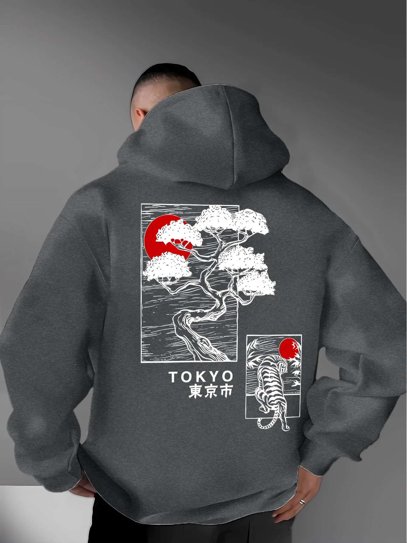 Men's Autumn Winter Hoodie Tokyo Bonsai Tree White Tiger Red Sun Japanese Aesthetic Vintage Streetwear Fleece Sweatshirt