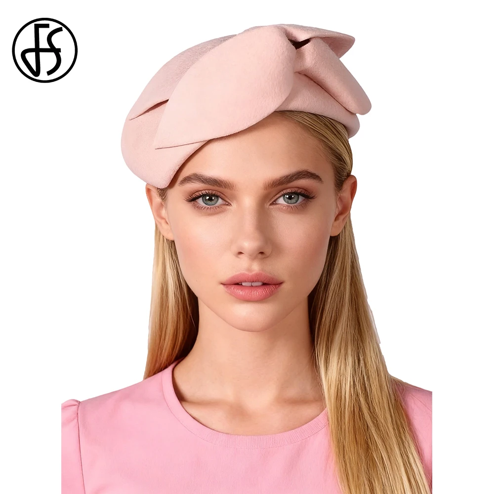 FS Pink Green Wool Beret Cap For Women Luxury Cocktail Party Fascinators Hats Vintage Ladies Wedding Pillbox Hat Chapeau Femme
