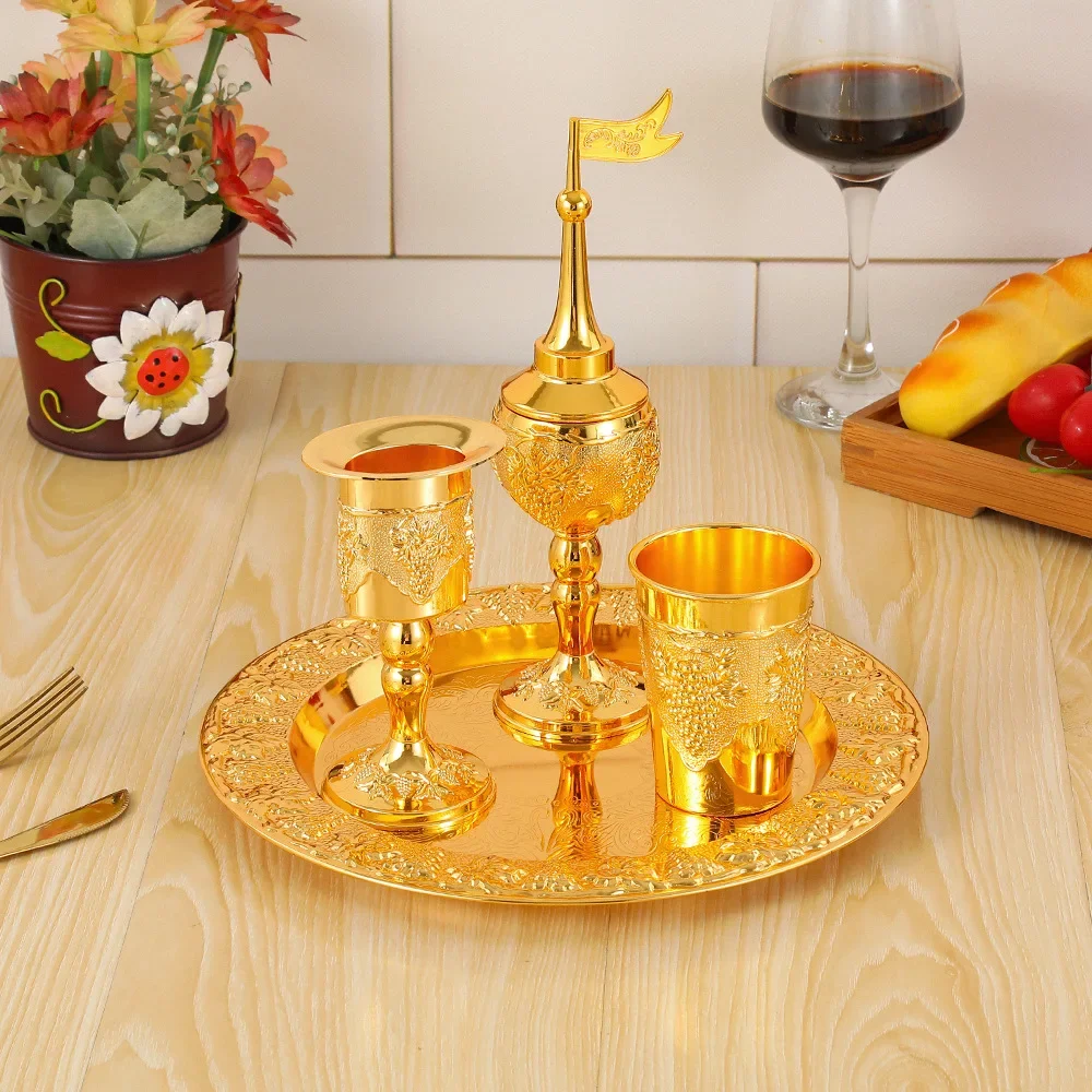 Havdalah 4pcs Wine Set Kiddush Wine glass Cup and Tray Havdalah Candle Holder Besamim Spice Box for the End of the Sabbath