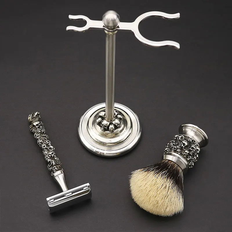 Premium Quality Stainless Steel Skull Badger Hair Shaving Brush Safety Razor Sets