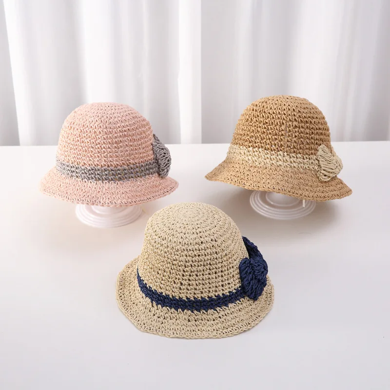 Summer Children's Straw Hat Summer Beach Sun Protection Sun Hat Flat Top Children's Bucket Hat Bow Foldable Beach Hat