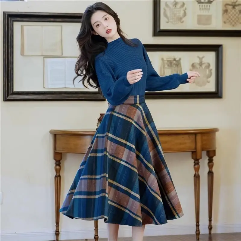 

Fashion Retro Autumn/Winter Suit Half High Collar Long Sleeve Sweater with High Waist Plaid Half Skirt Two Piece Set For Women