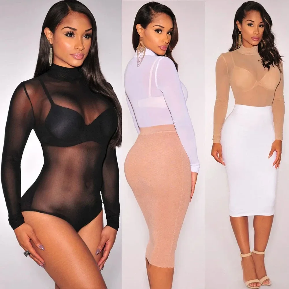 Summer Plus Size Sexy Transparent Jumpsuit Women's Solid Color Transparent Long Sleeve Tights Large Slim-fit High-neck Jumpsuit