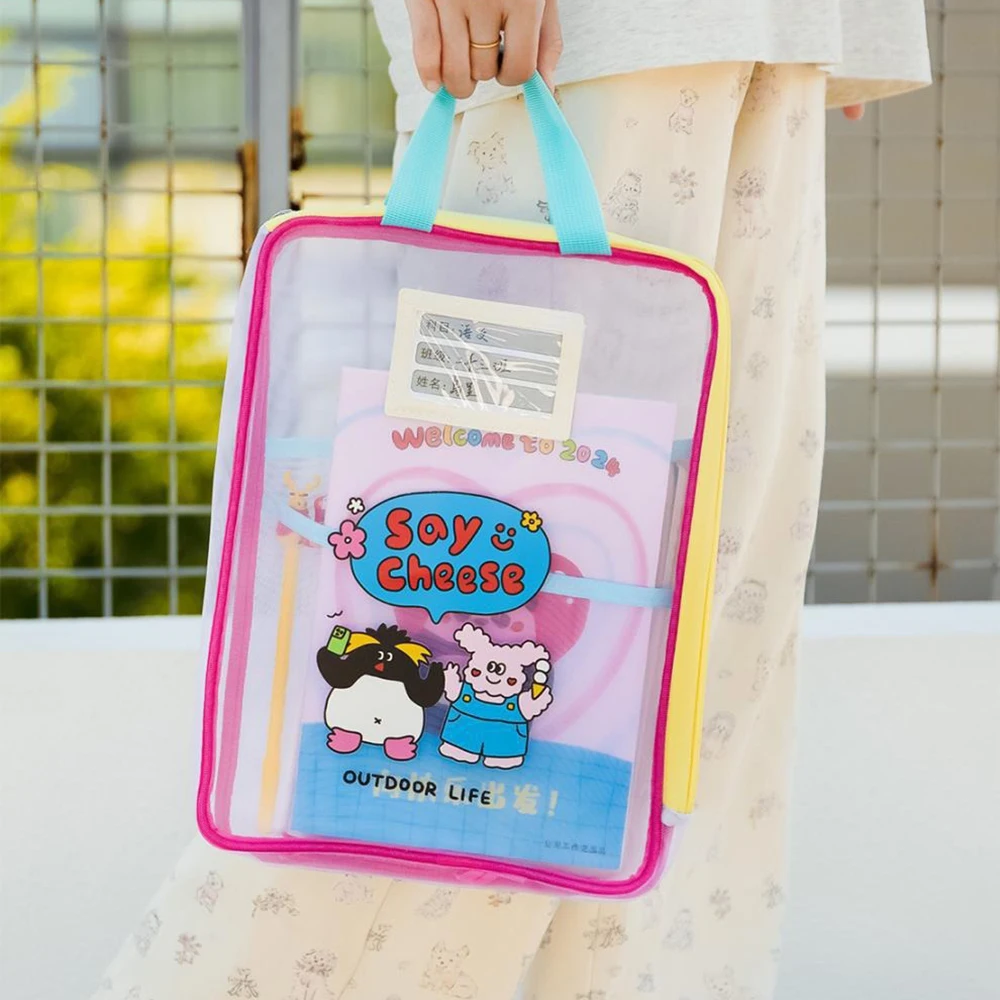 Colorful Cute Large Capacity File Bag, Transparent Document Handbag for Student Exams, A4 Zipper Paper Storage Bag image 6