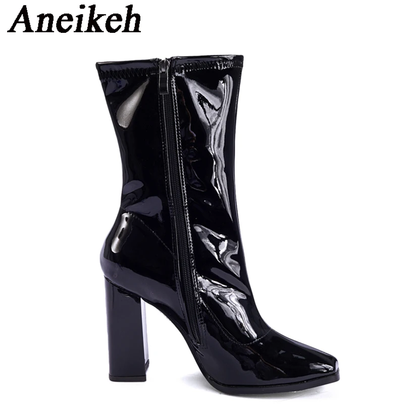 Aneikeh Autumn Winter Black Patent Leather Boots For Women Fashion Square Toe Zip Thick Heel Party Shoes Chelsea Ankle Booties