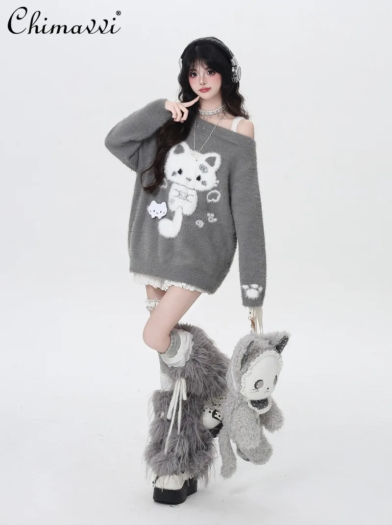 

Японский модный милый кот, милый мягкий свитер с открытыми плечами, новый зимний свободный пуловер с длинными рукавами для девочек Kawaii, топ Y2k