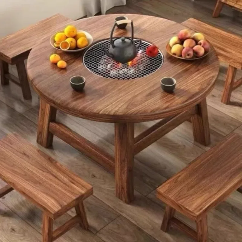 Cooking table around the stove, solid wood dining table, courtyard barbecue table, hot pot table, barbecue table