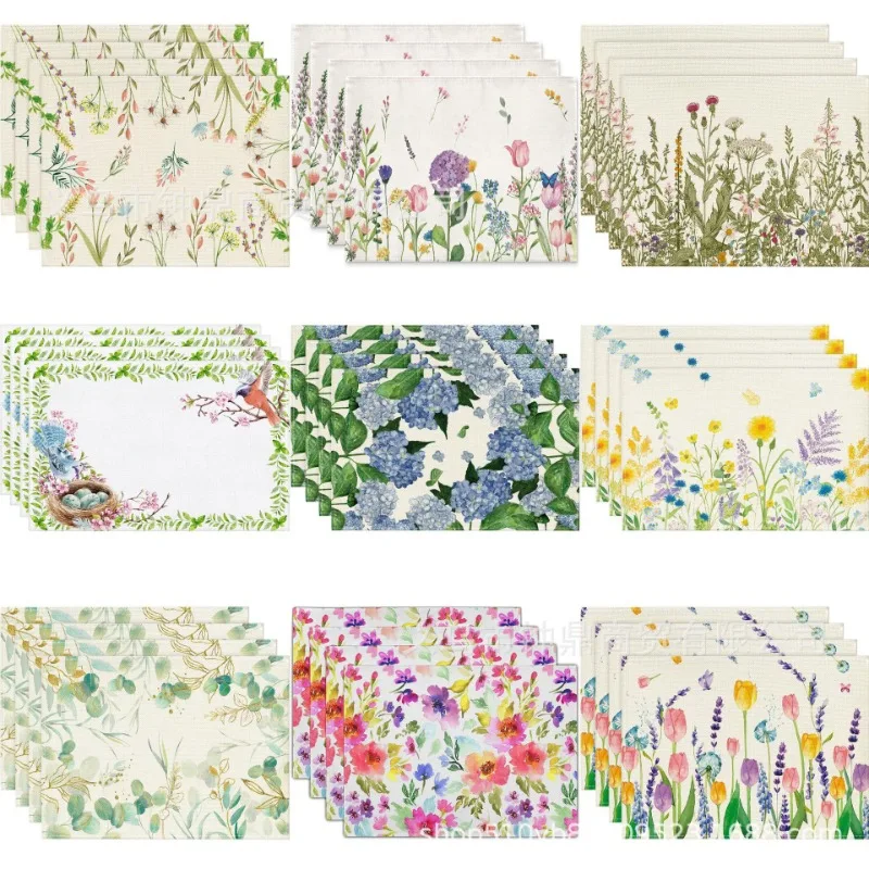Hot Spring Placemats, Green Plants and Flowers, Table Decoration, Non-slip and Heat-insulating Linen Napkins.