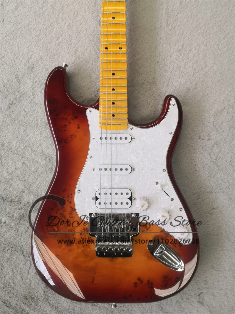 Sunset Electric Guitar Mahogany Body Tree burl veneer Tremolo Bridge Groove Fingerboard Maple Neck HSH pickup