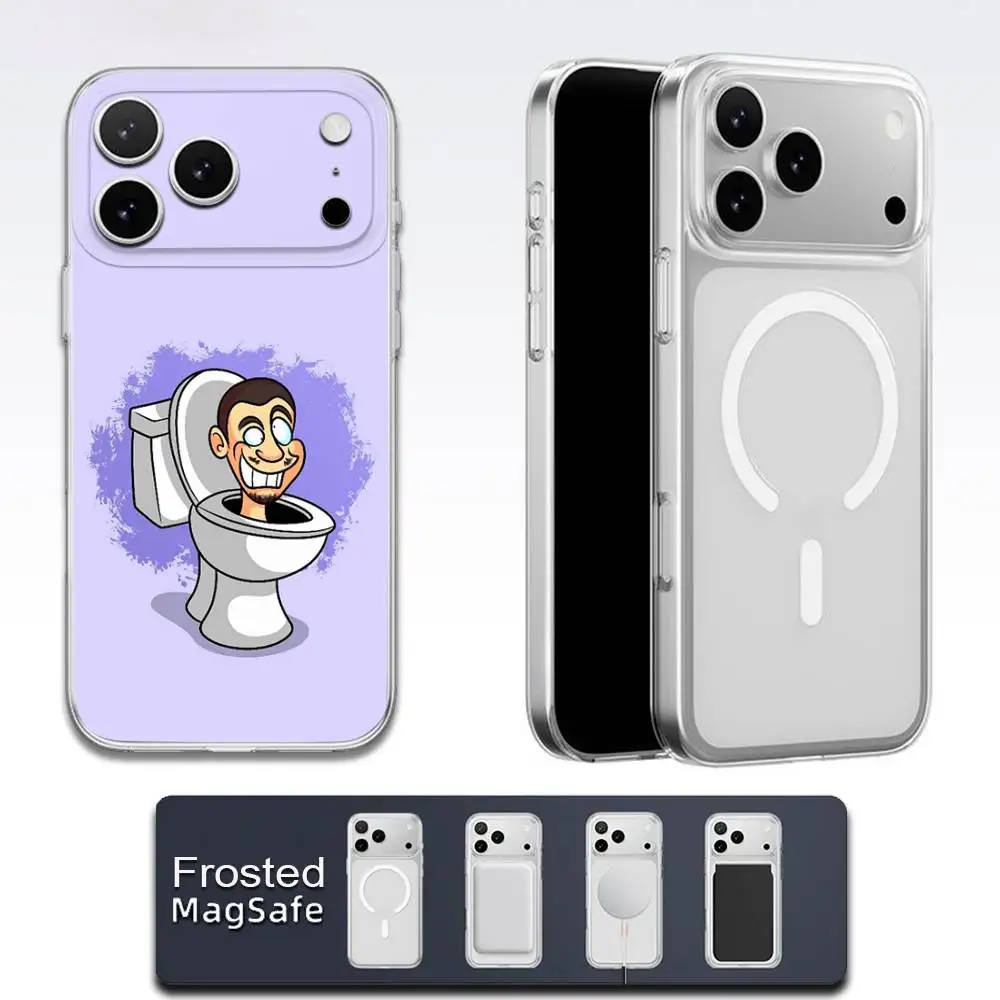 حافظة هاتف مرحاض كارتون S-Skibidi لهاتف آيفون 17,16,15,14,13,12,11,Pro,Max,Plus,E,Air,Mini Magsafe شفافة