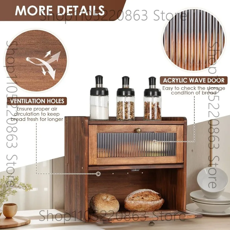 Kitchen countertop bread box Wooden bread storage container Double layer bread box Acrylic window Food storage bracket