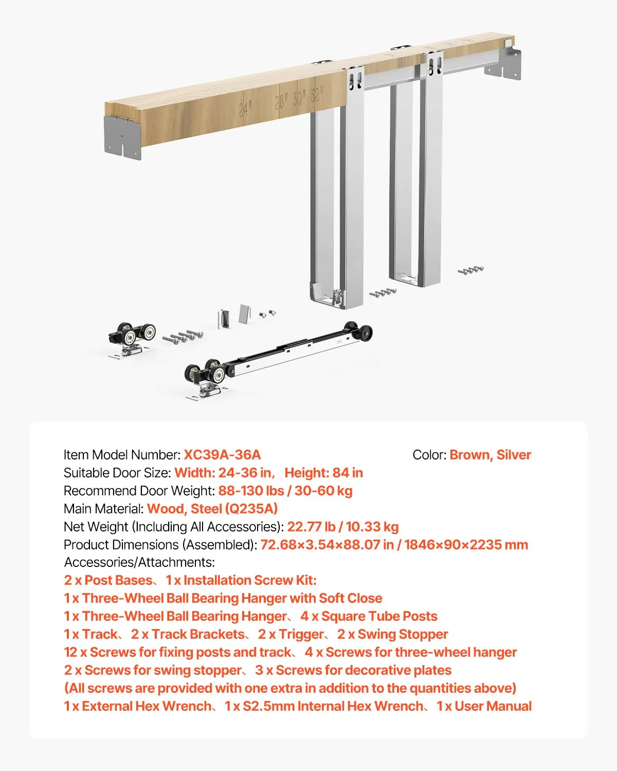 Kit de cadre de porte coulissante pour portes de 610-914 x 2134 mm, acier galvanisé avec mécanisme de fermeture douce bidirectionnelle