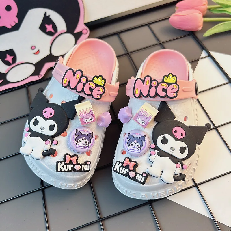 Sanrio Anime Hello Kitty Kuromi Shoes Cartoon Accessories Non-slip Hole Slippers Women Outside Wear Summer Thick Girls Sandals