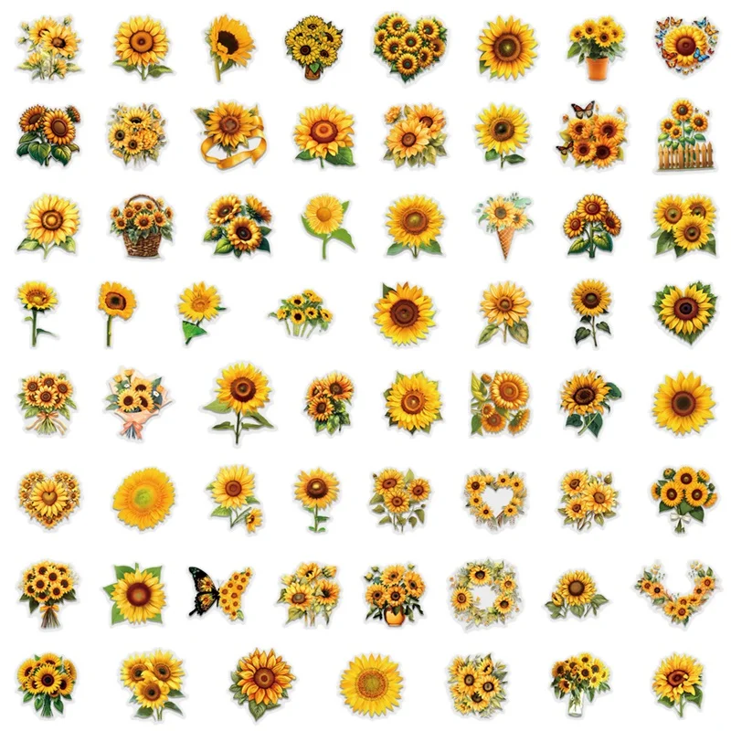60PCS Kawaii Colored Sunflower PET Sticky Sticker Aesthetic Tear Open DIY Decoration Scrapbooking School Supplies for Kids