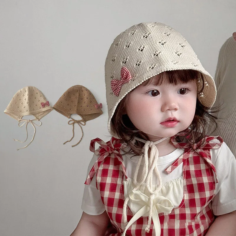 

Retro Bow Children Straw Hat Hollow Breathable Girl Lace-up Fisherman Cap 1-5Year Kids Summer Sun Hats Baby Sunscreen Basin Caps