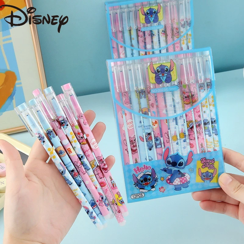 

12pcs Cartoon Disney Stitch Erasable Gel Pens 0.5mm Black Ink Pen Cute School Learning Supplies Kawaii Stationery Gifts