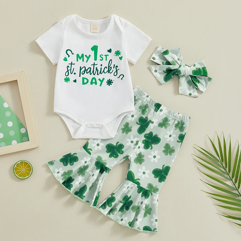 Stylish Baby Girl St Patrick s Day Clothing Set with Clover Print Romper Flare Pants and Headband - 3 Piece Outfit for