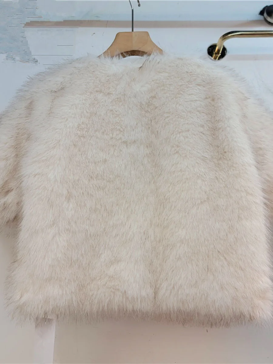 GALCAUR Solid Spliced Fluffy Loose Coat for Women V Collar Short Sleeve Patchwork Hidden Button Temperament Jacket Female Style