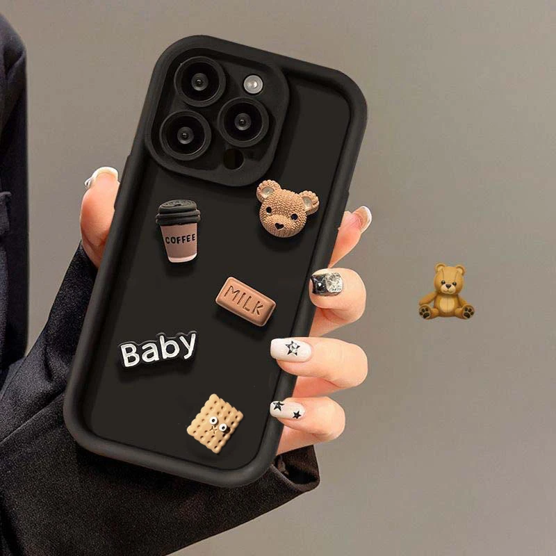 Niedliche 3D-Bären-Kaffeekarikatur-Silikonhülle für iPhone 18 Pro 15 12 11 13 14 17 Pro Max 16 Pro Plus X XS XR Hüllen, weiche matte Abdeckung – Detail 7