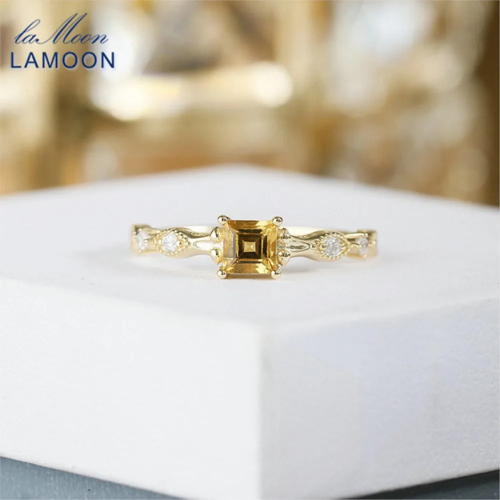 

LAMOON Vintage Natural Yellow Crystal Ring For Women Exquisite Elegant 925 Sterling Silver Gold Plated Fine Jewelry Gift