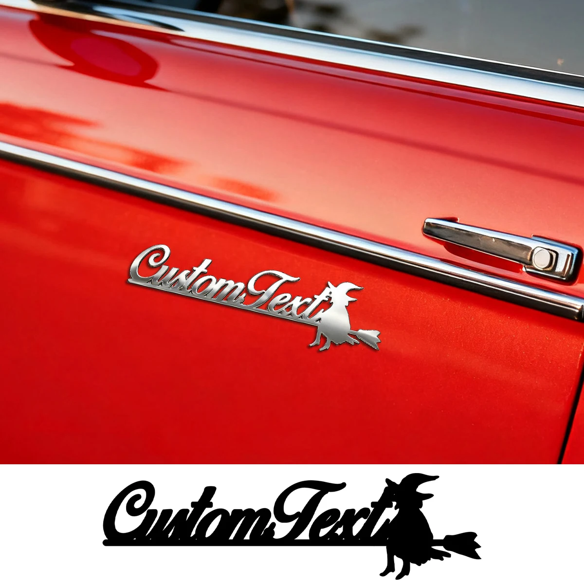 

The witch riding on a broomstick Customized Art Font Car Sticker Halloween Metal Accessories DIY Car Styling Personalized Gifts