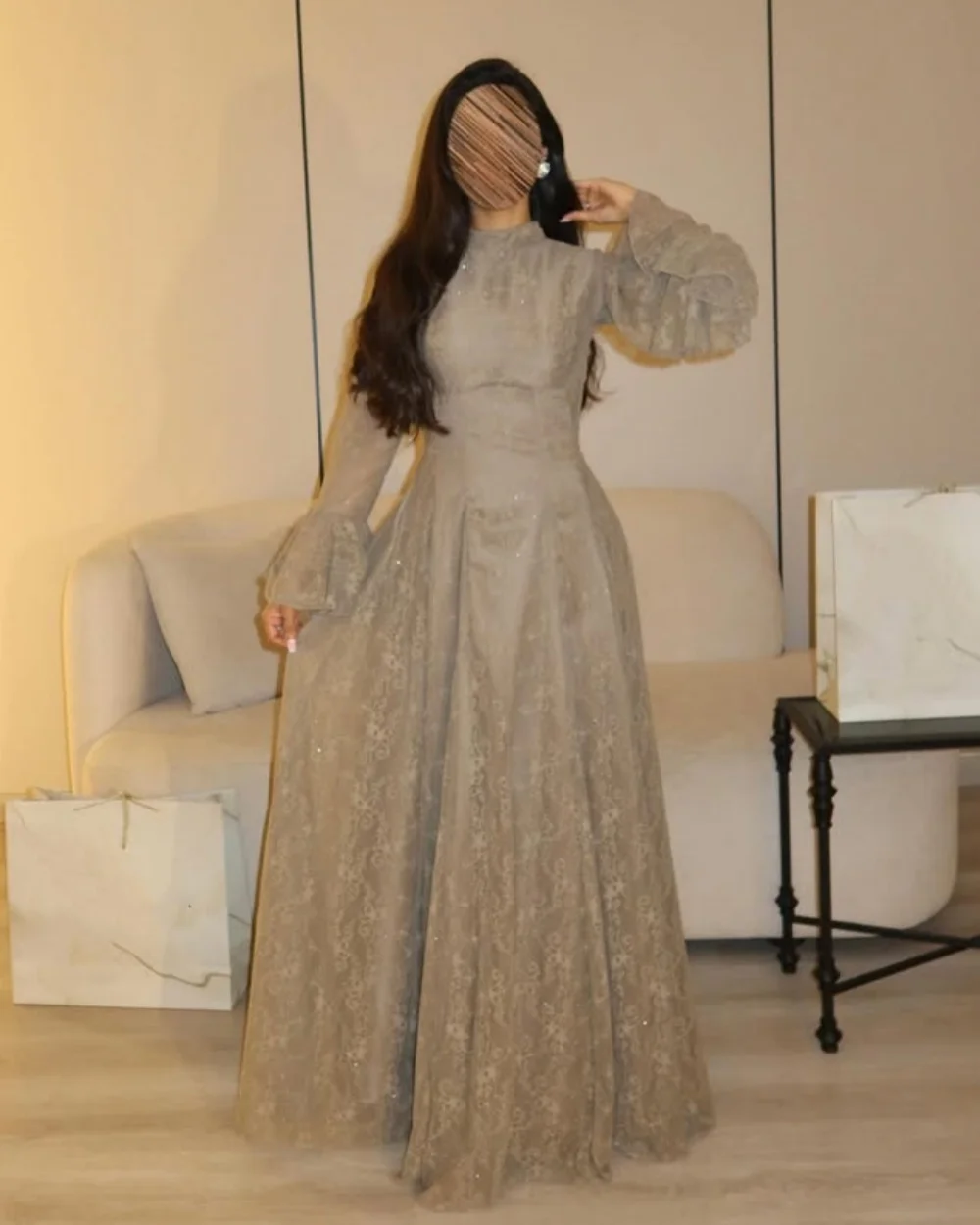 

Customized High Quality Women Lace Sequined Ruched A-line Evening Dress Fashion High Collar Long Sleeves Floor Lenght Party Gown