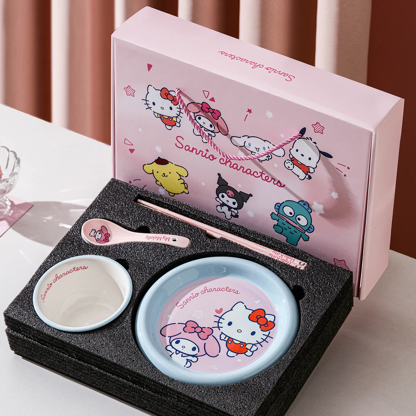 4Pcs Sanrio Hello Kitty My Melody Cinnamoroll Kuromi Cartoon Ceramics Gift Box Tableware Set Kawaii Kitchen One Person Food Set