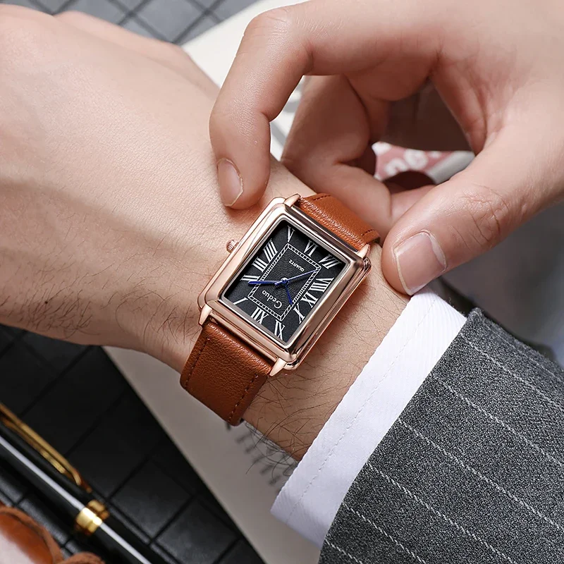 Montre à quartz à cadran rectangulaire pour hommes, montre-bracelet d\'affaires de luxe, bracelet en cuir décontracté, nouvelle mode de créateur