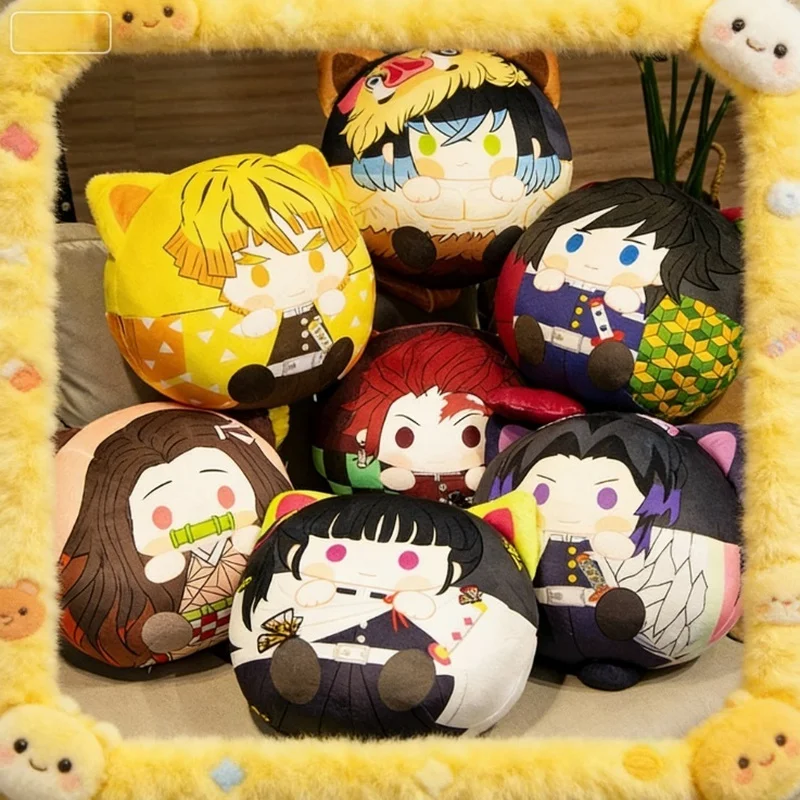 Demon Slayer Cat Ear Round Plush Keychains Tanjiro Nezuko Zenitsu Inosuke Giyu Shinobu Muichiro Rengoku For Bag Decor Anime Fans