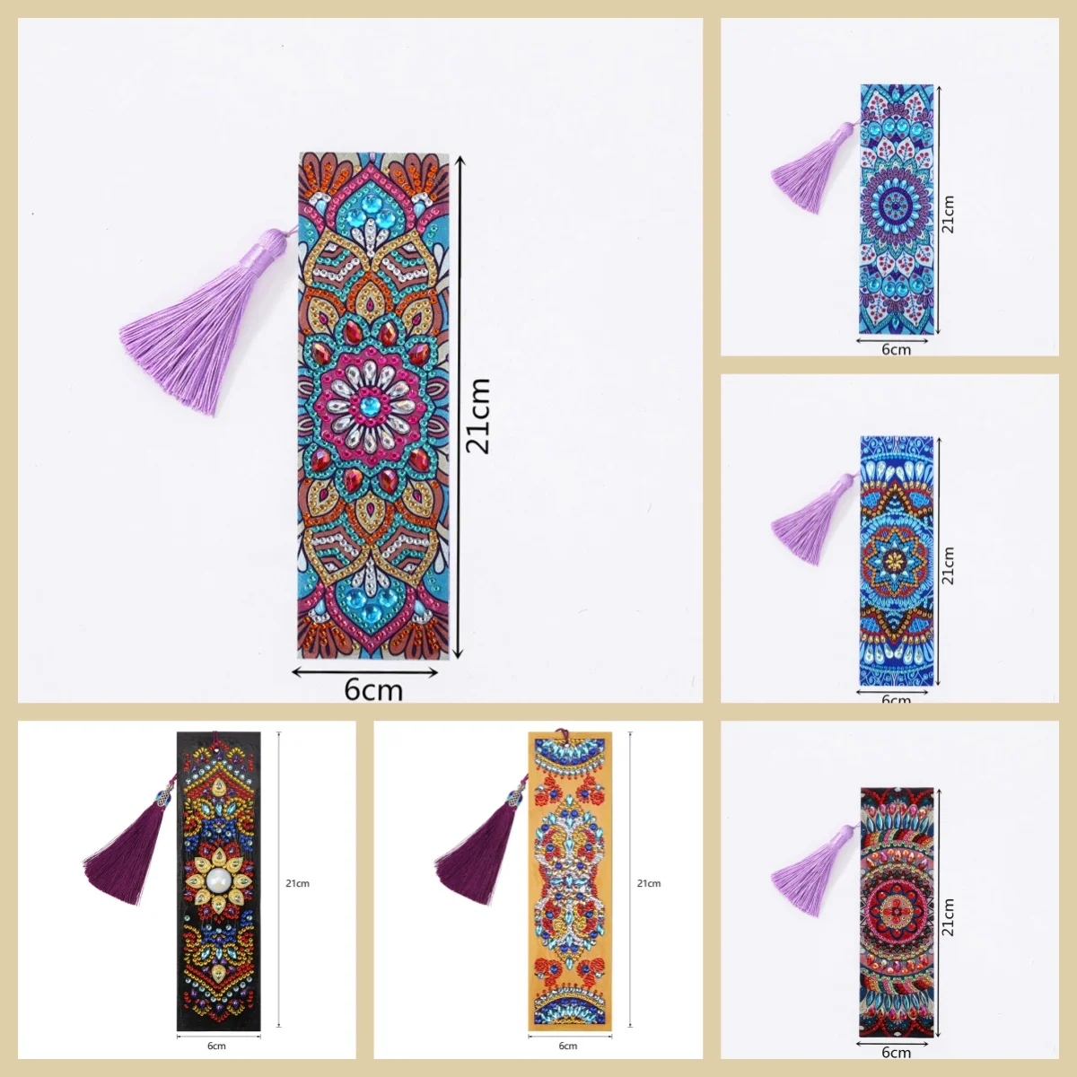 1 DIY Mandala Theme Diamond Art Painting Set, PU Leather Tassel Pendant Bookmark, Suitable for Study and Book Supplies