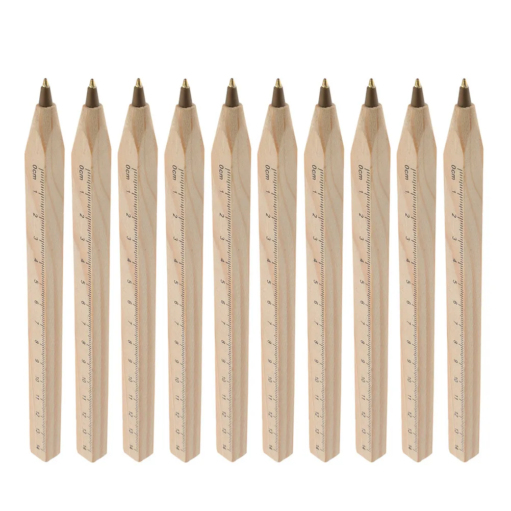 

10Pcs Wooden Ballpoint Pen with Built-in Ruler Smooth Black Ink School Supplies Office Stationery Creative Journaling Pocket Pen