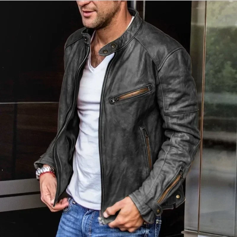 2024 Herbst Herren Pu Lederjacken Männer stehen Kragen Motorrad Lederjacke männlich lässig schlank schwarz braun Kunstleder Outwear