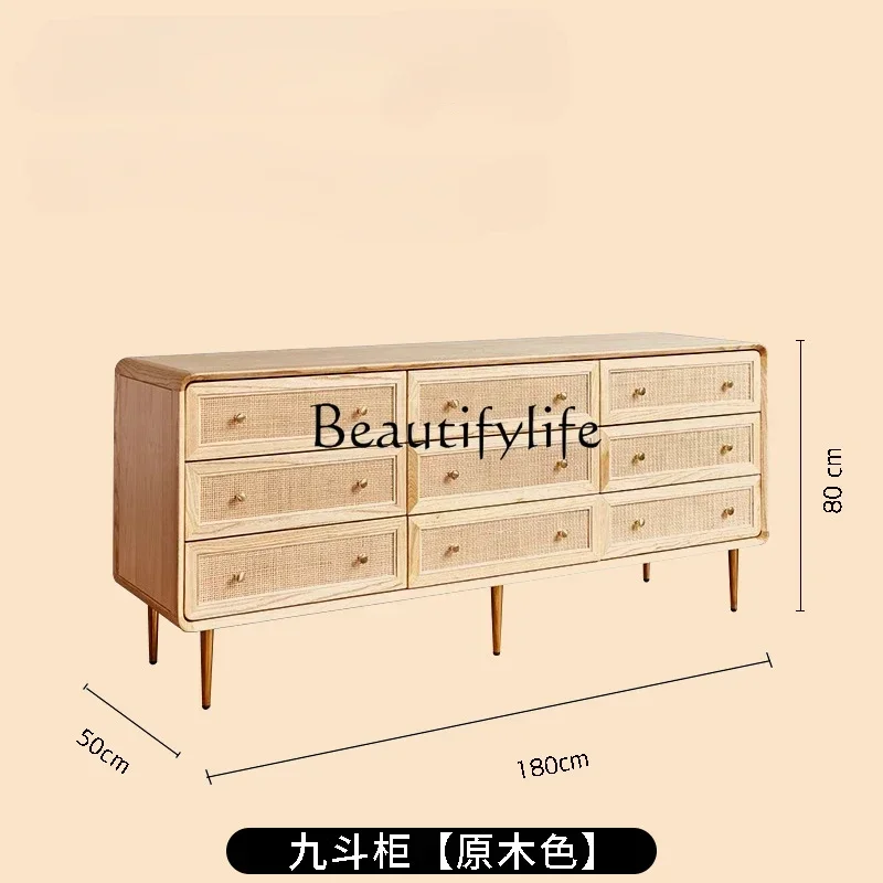 

S Nordic Solid Wood Rattan Nine-Drawer Cabinet Vintage Locker Entrance Cabinet
