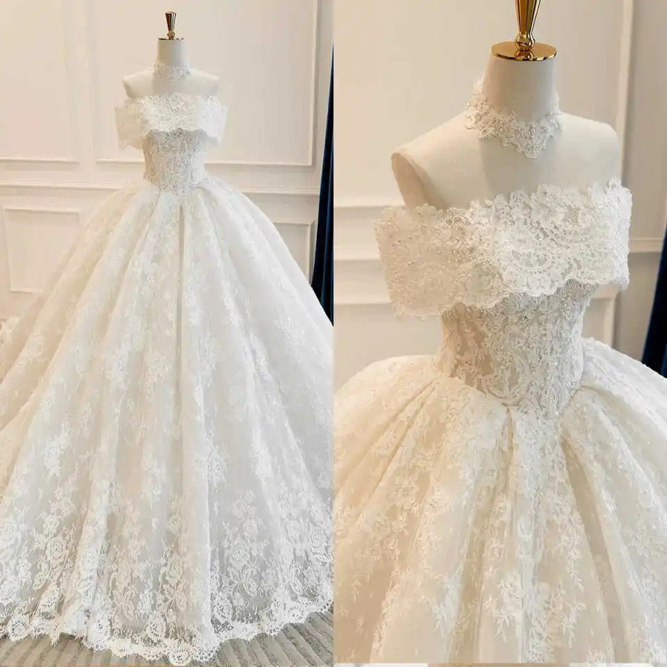 

Luxuries Wedding Dress Strapless Sleeveless Lace Applique Beading Sweep Train Bride Gowns Vestido De Novia Customized