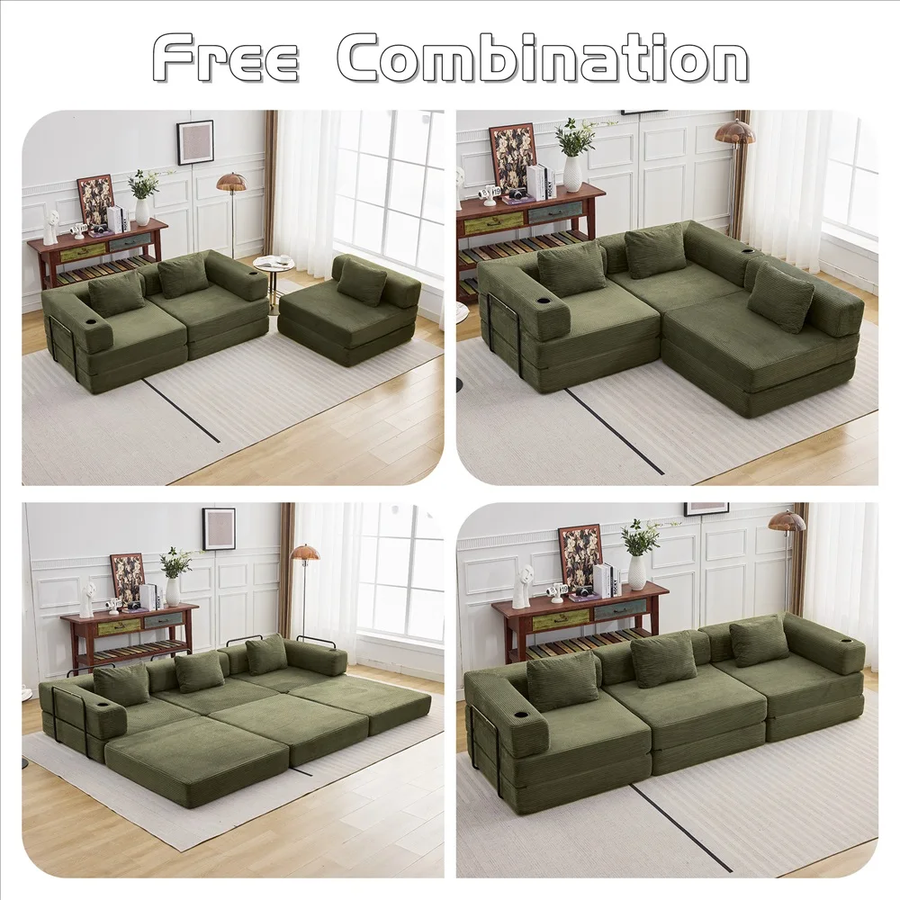 Cord-Modulsofa Frei Kombinierbare Wandelbare Eckcouch mit Getränkehaltern Übergroße Chaiselongue für Wohnzimmer – Detail 28