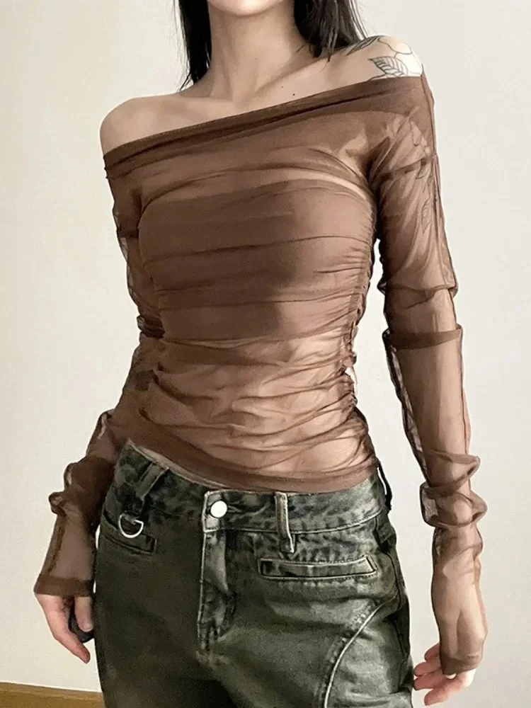 تي شيرت شبكي شفاف ملابس نسائية مكشوفة الأكتاف Y2k بلوزة قصيرة بأكمام طويلة ملابس خروج متينة Camisetas كورية Ropa De Mujer #5