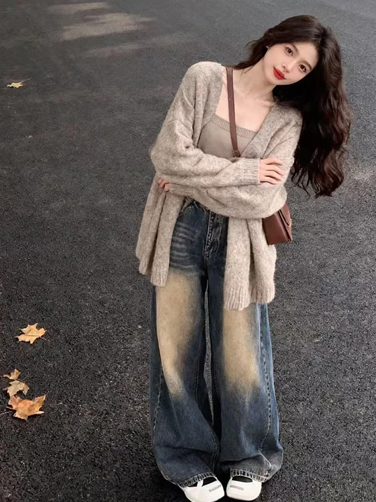 

Laid-ba Knitted Cardigan Strap Vest Spring Loose Casual Set High Waist Jeans Tee-piece Set Faionable Women's Ensemble