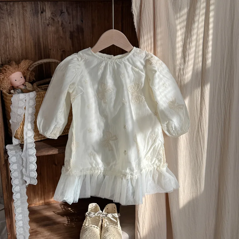 

2025 Spring New Girls Long Sleeve Mesh Dress Cotton Kids Bow Embroidery Dress Baby Girls Sweet Princess Dress Children Dress