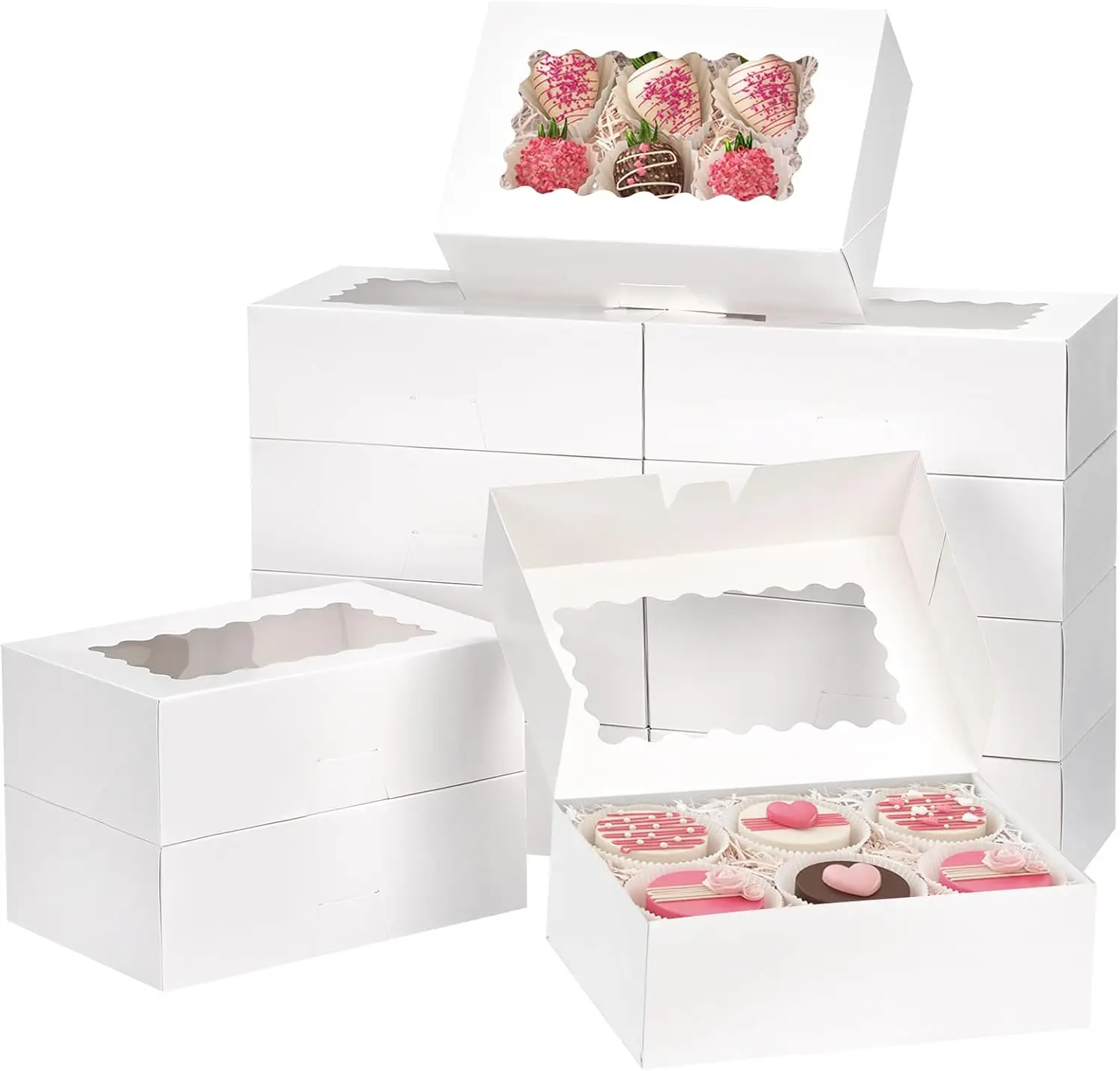

Bakery Boxes with Window 28 Pack, 9x6x3 Inch White Cookie Boxes for Pastries, Chocolate Covered Strawberries, Muffins, Donuts