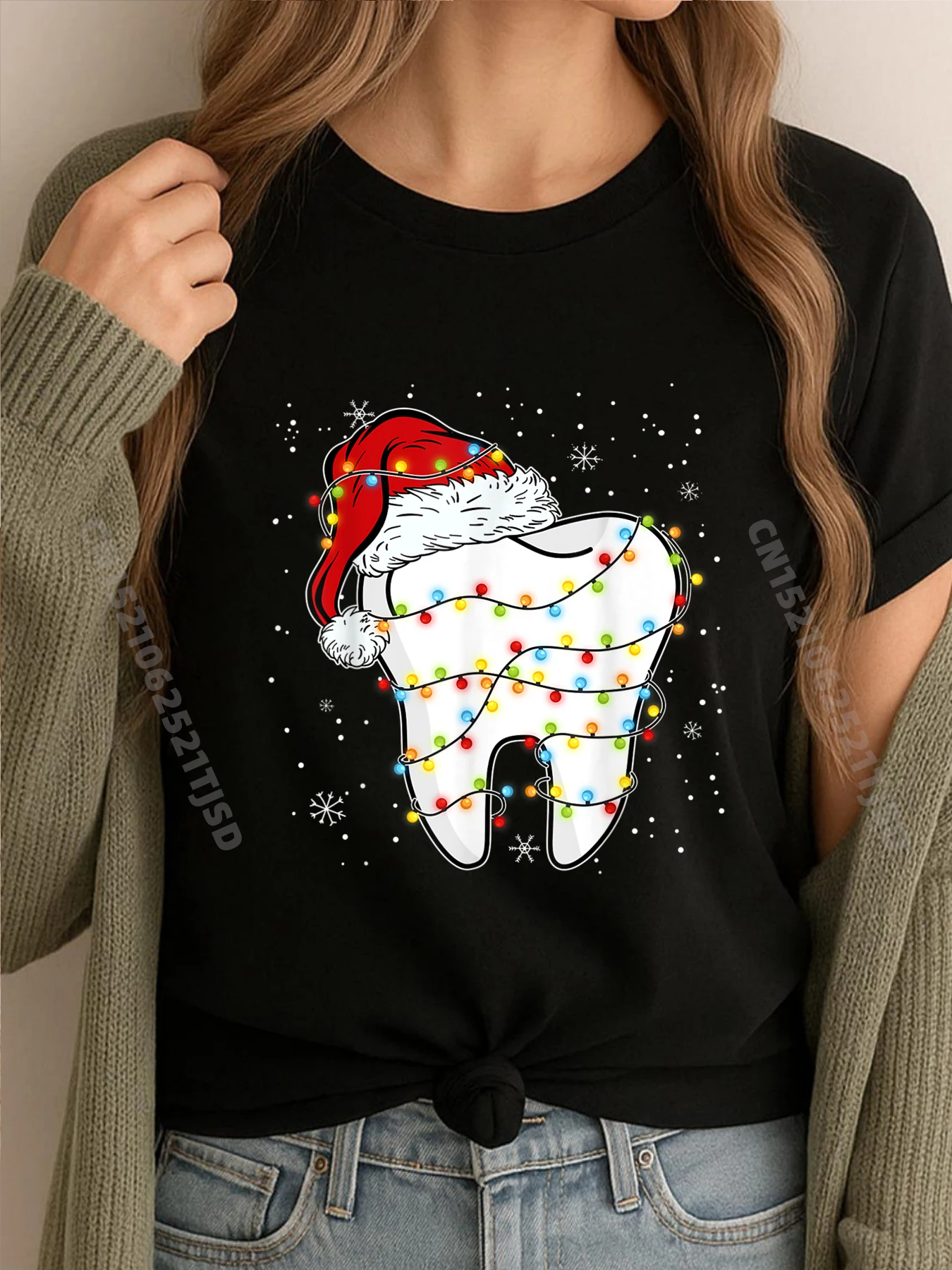 

Рождественская милая стоматологическая шляпа Санта-Клауса, роскошная футболка с рождественскими зубами, женская футболка высокого качества с аниме, стираные футболки
