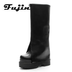 Fujin 12cm Genuine Leather Knee High Ankle Platform Women Autumn Spring Slip on Fashion Punk Motorcycle Chelsea Booties Shoes