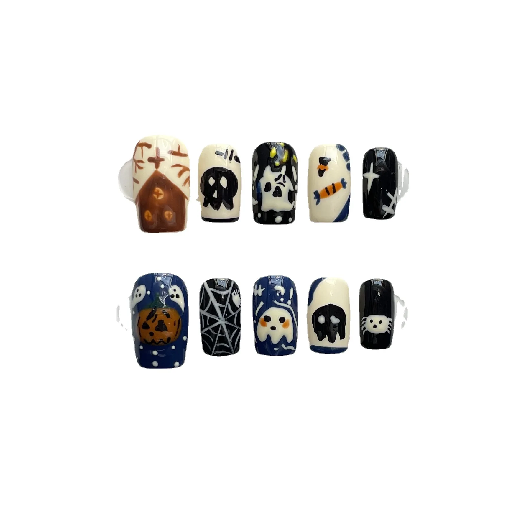 10pcs Handmade Fake Nails Halloween Pumpkin Ghost Pattern Fake Nail Wearable Full Cover Halloween Party DIY Press on Nail Tips