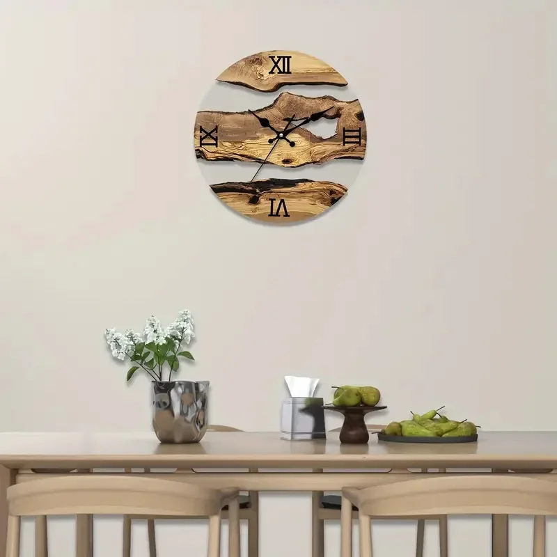 Reloj silencioso de madera de olivo de imitación, moderno y creativo, cristal templado transparente, arte de decoración del hogar, reloj de pared para sala de estar